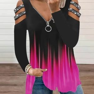 BLACK/HOT PINK EMBELLISHED COLD SHOULDER ZIPPER BLOUSE TOP XXL